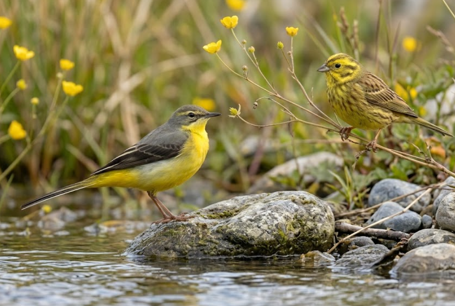 Gele kwikstaart en geelgors bij water