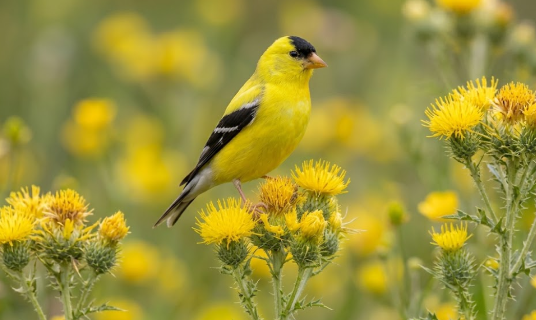 Goldfinch tussen gele bloemen